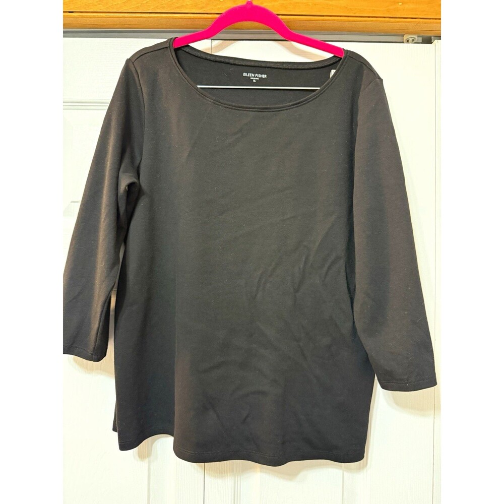 Eileen Fisher Black 100% Cotton Knit Scoop Neck 3/4 Sleeve Top Women’s XL